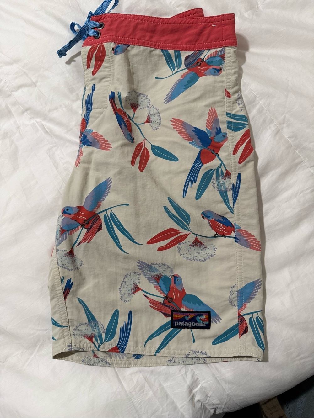 Patagonia Cream Swim Shorts with Coral & Teal Bird Print